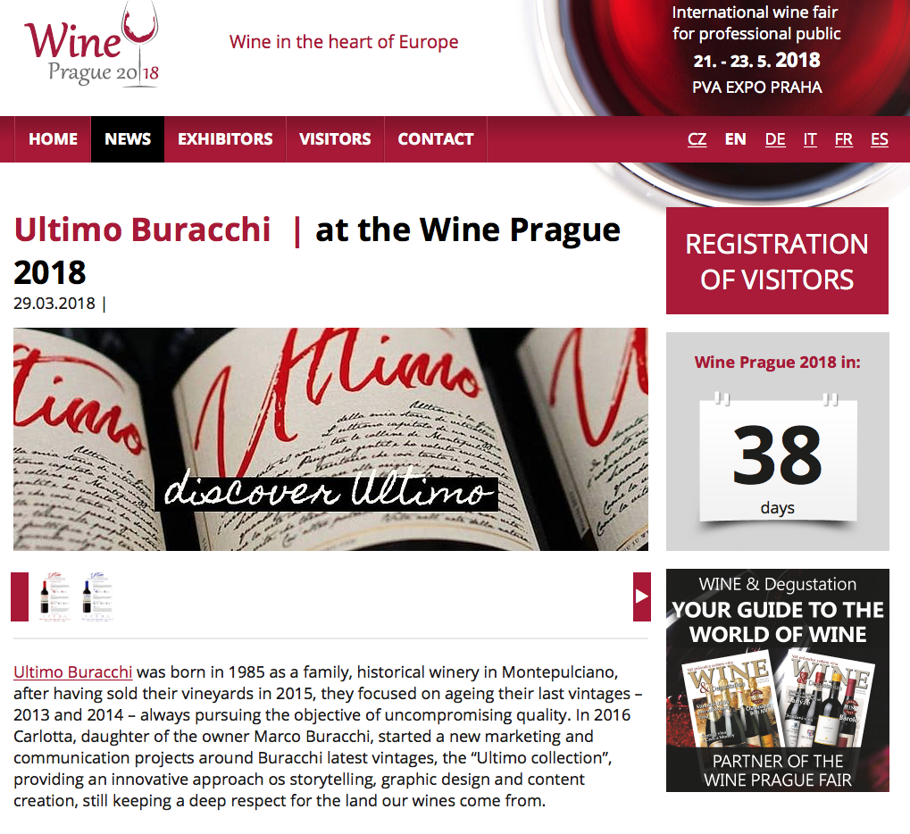 Il nostro Ultimo tra le novità di Wine Prague, la fiera internazionale dedicata al vino ed alla sommellerie dal 21 al 23 Maggio 2018 a Praga, Repubblica Ceca.