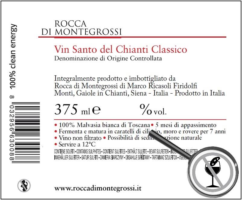 L’etichetta “incriminata” del Vin Santo di Rocca di Montegrossi col divieto d’inzuppo del Cantuccino